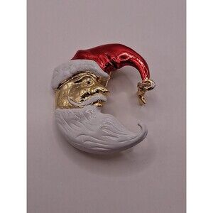 Vintage Crescent Moon Santa Claus Brooch Pendant Gold Tone Metal Enamel 2" LG